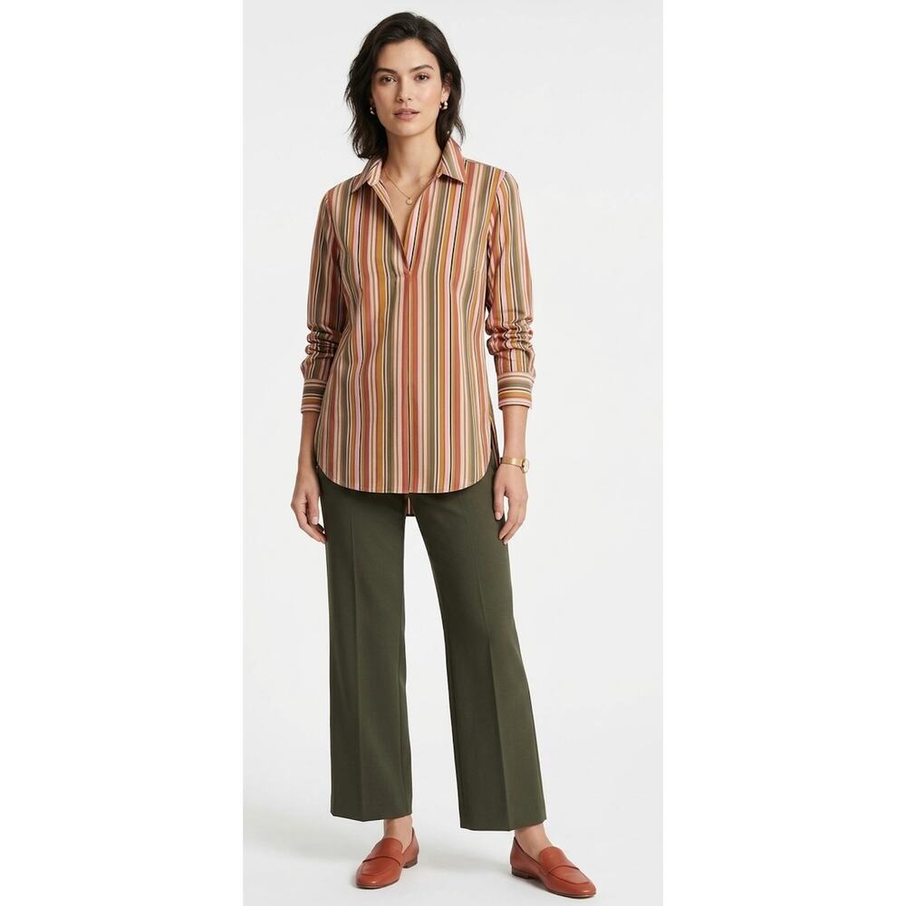 Lafayette 148 NY Striped Stretch Cotton Blend Popover Blouse Tunic Size 16